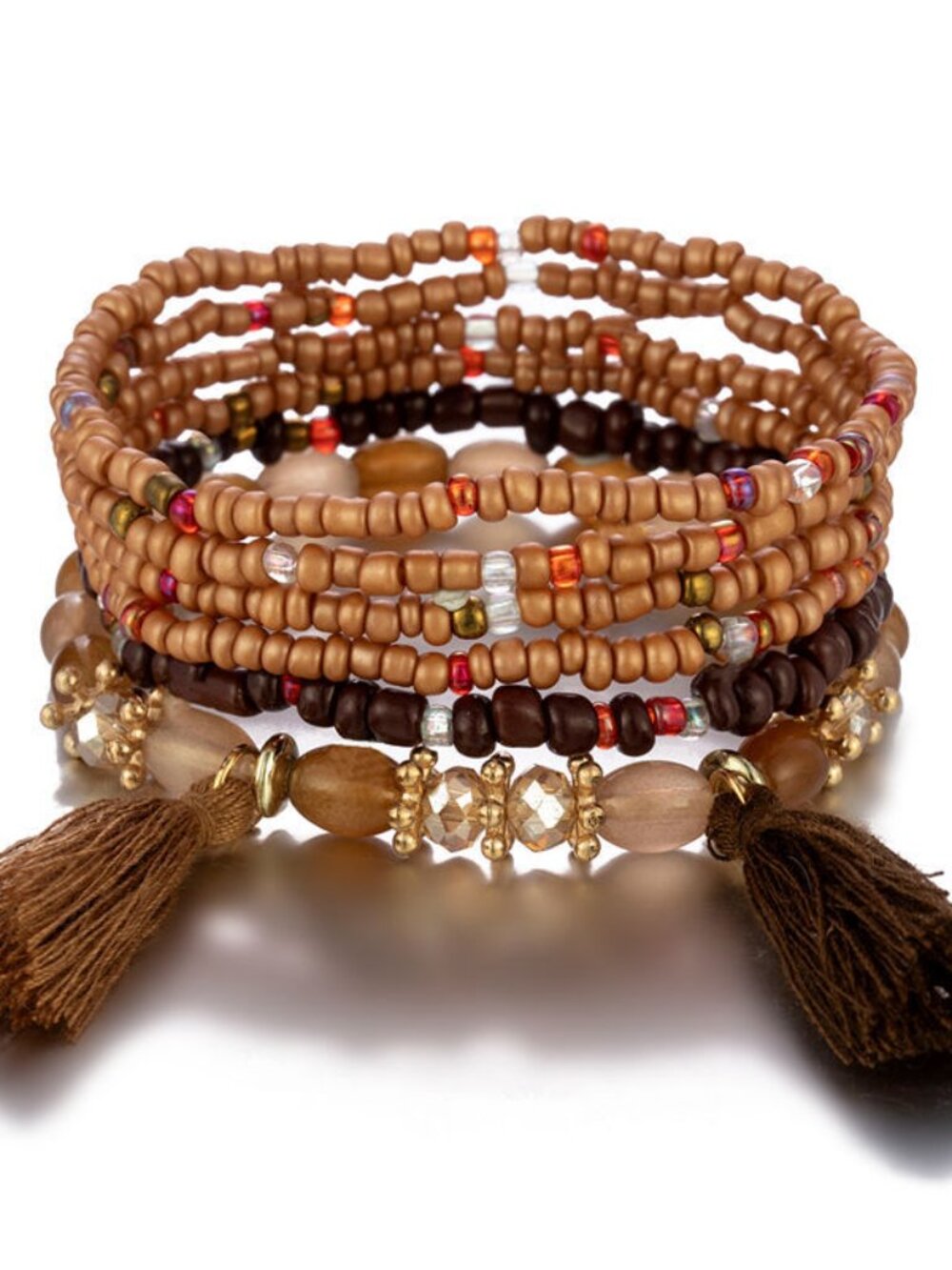 Boho Beaded Tassel Stretch Bracelet Set Multicolor Layered Stack Bracelet - Picture 5 of 8
